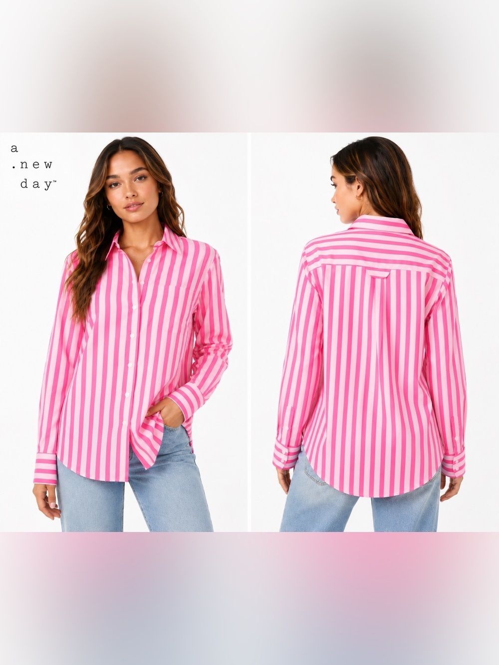A New Day XS Hot Pink Light Pink Striped Button Down Shirt Cotton Blend